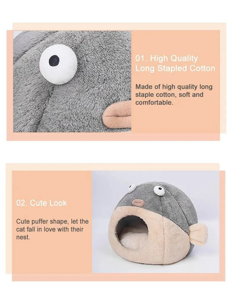 Balloonfish-shaped plush pet mat cushion for small dogs and cats, available in three sizes