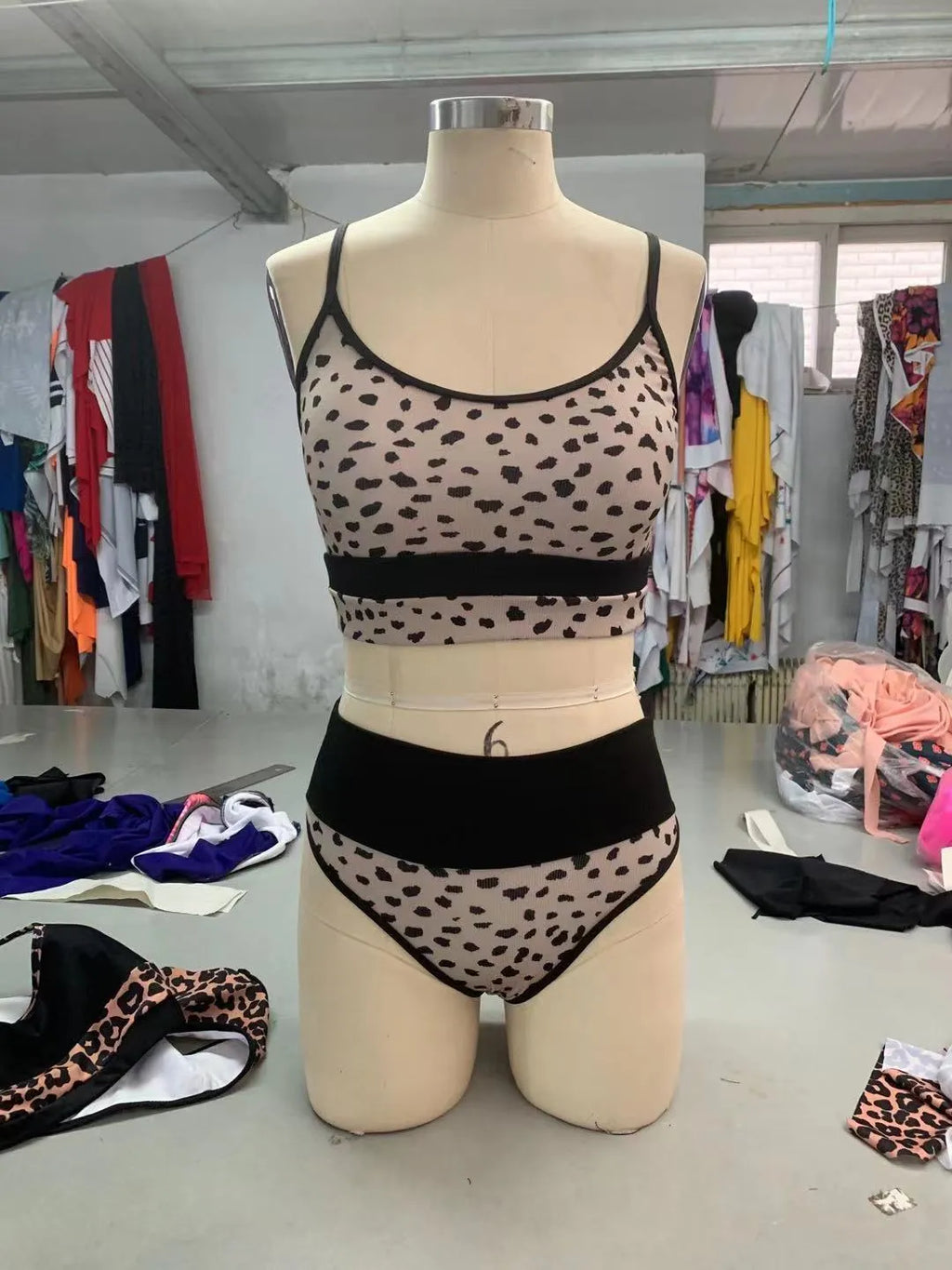 Women's high waist split leg bikini swimsuit in leopard print or white colour