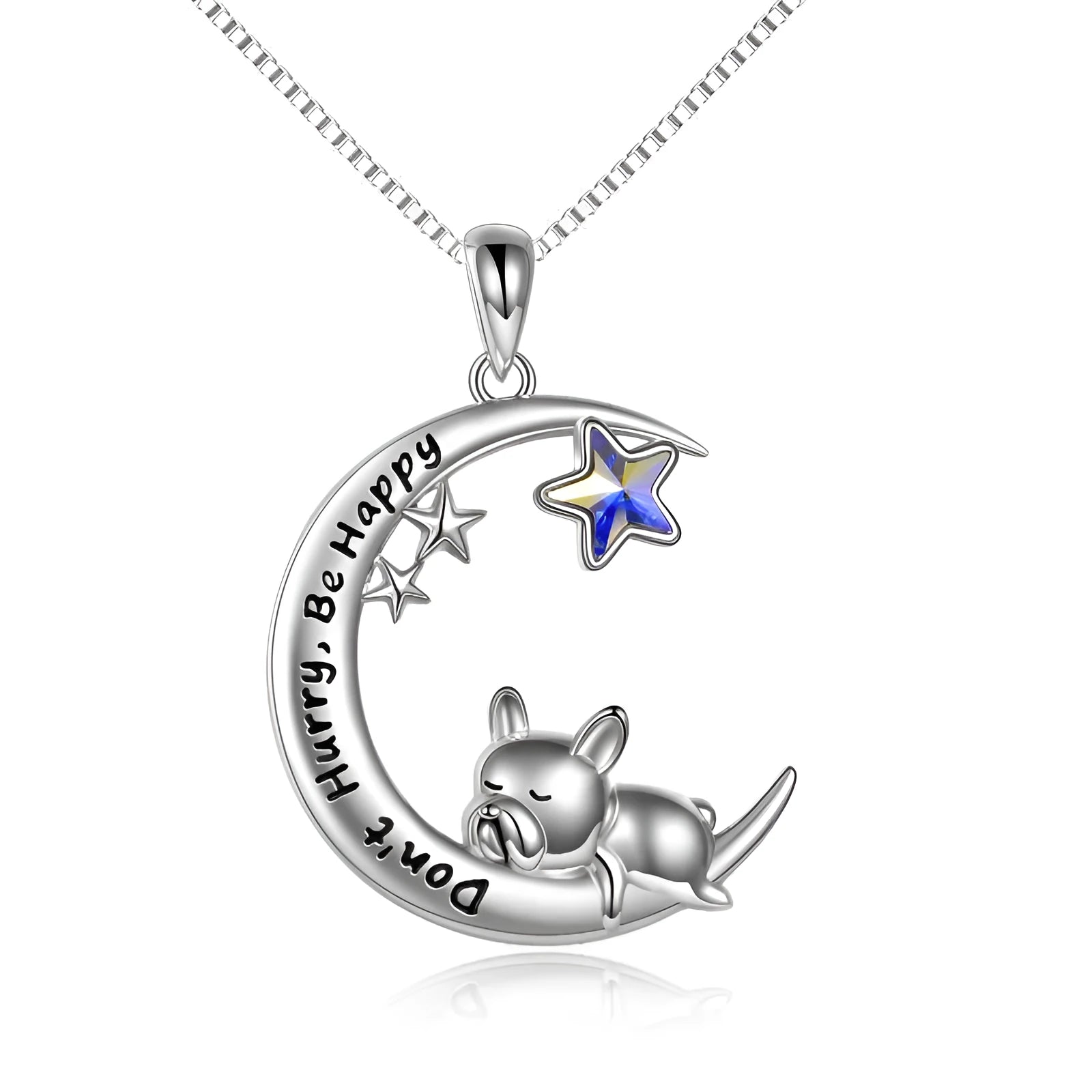 Sterling silver French bulldog moon pendant necklace on box chain with crystal stone