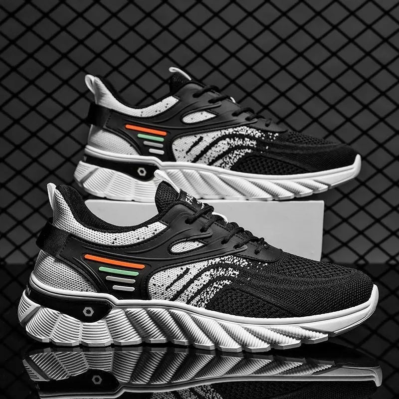 Men's platform casual shoes with cross straps on mesh upper and rubber sole in black colour