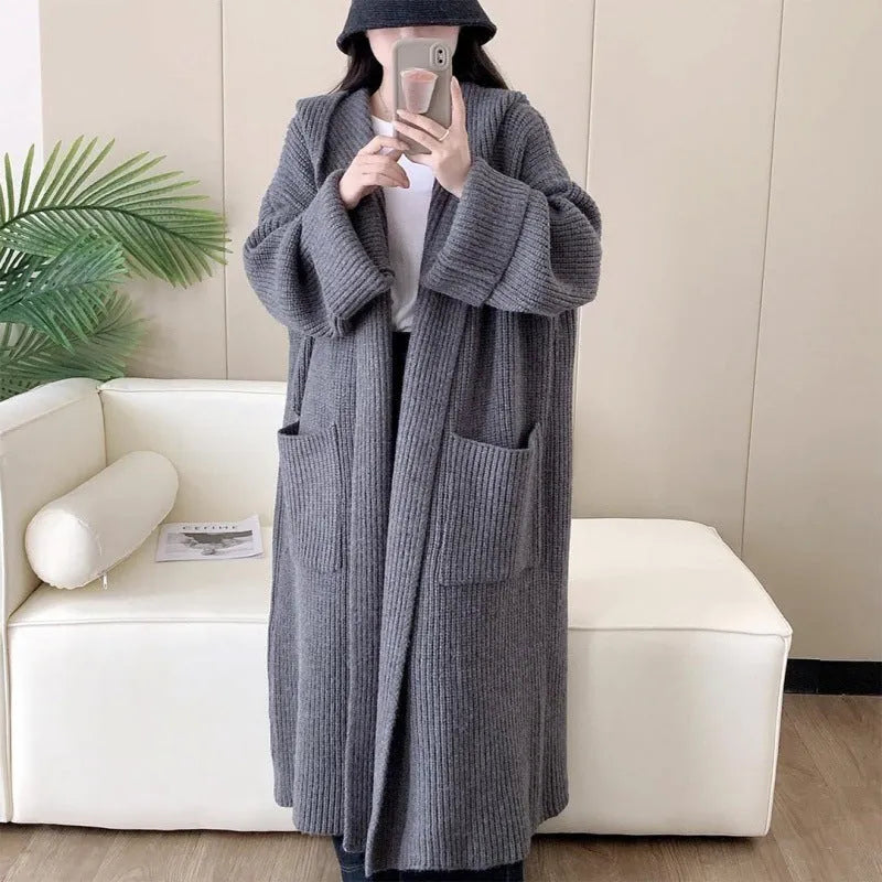 Women's loose hooded cardigan coat in acrylic knit fabric with 80cm length