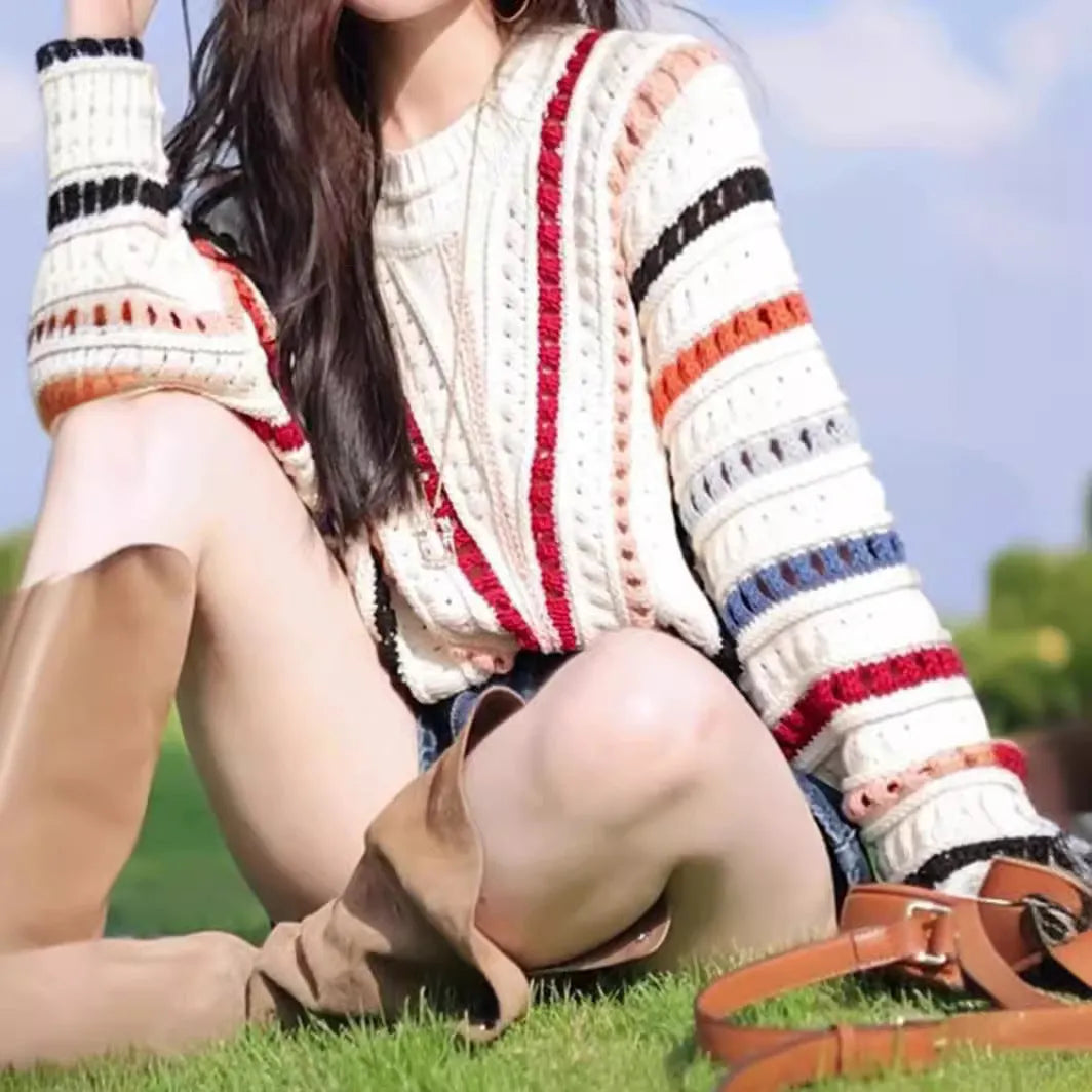 Retro rainbow striped loose-fit pullover sweater with batwing sleeves
