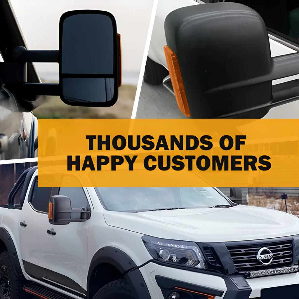 Black electric exterior rear view mirror for Nissan NP300 D23 with integrated light.