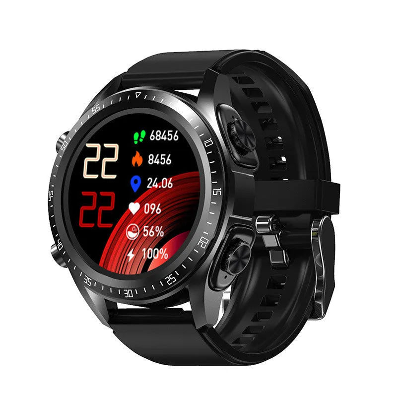 Black smart watch with silicone strap showing blood pressure and oxygen monitoring on screen.