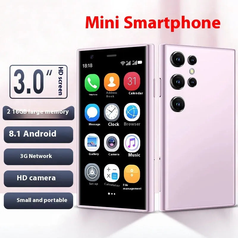 S23PRO XS15 mini smartphone in black, green and pink purple colours, showing straight plate design.