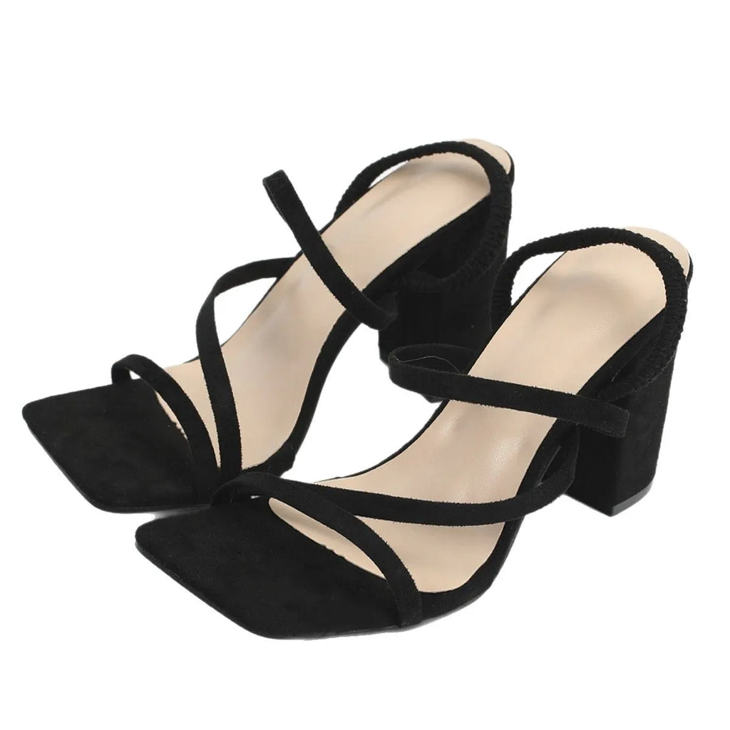 Cross lace-up high-heeled sandals with square toe in red chamois