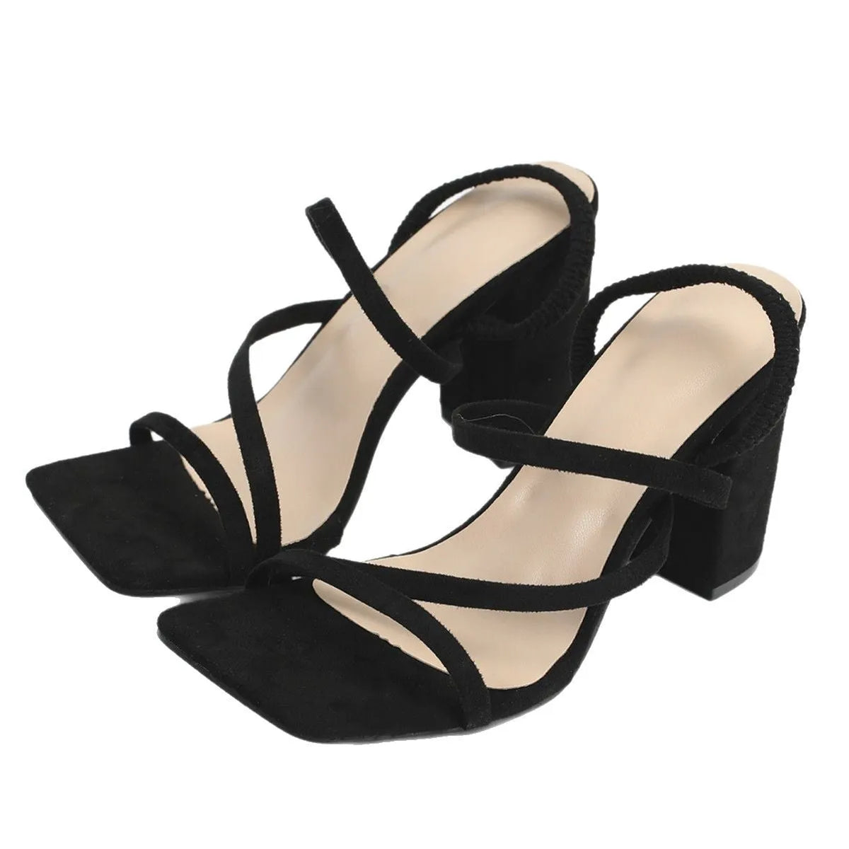 Cross lace-up high-heeled sandals with square toe in red chamois