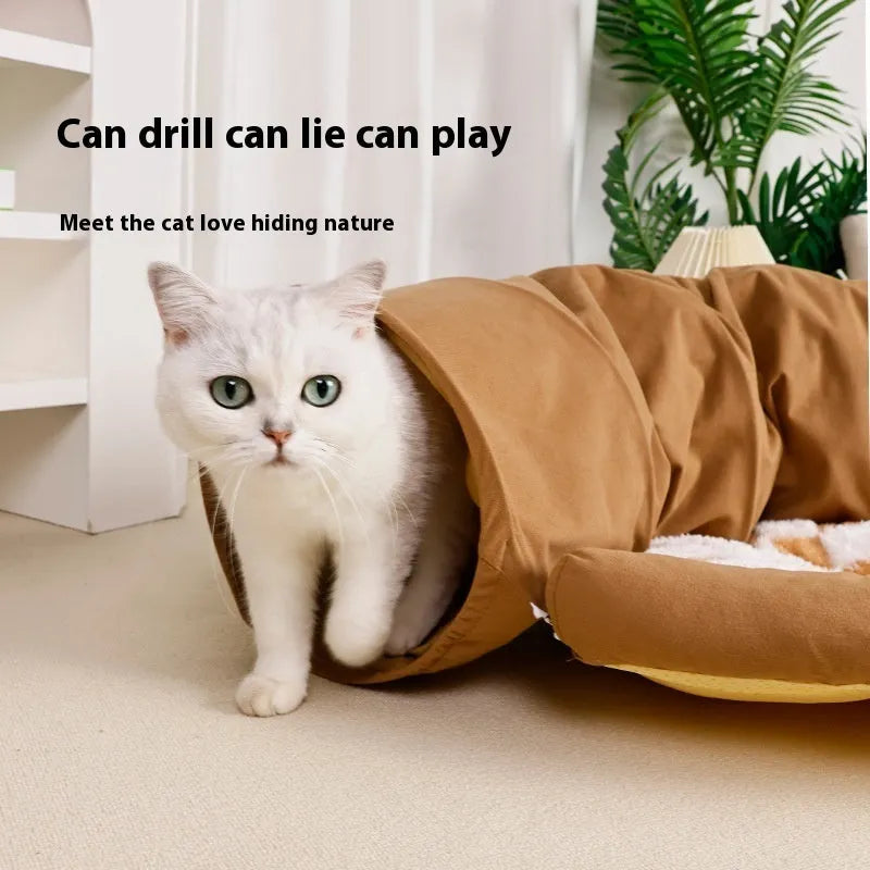 Cloth cat nest pet bed in khaki, grey or British Plaid with boredom toy facility