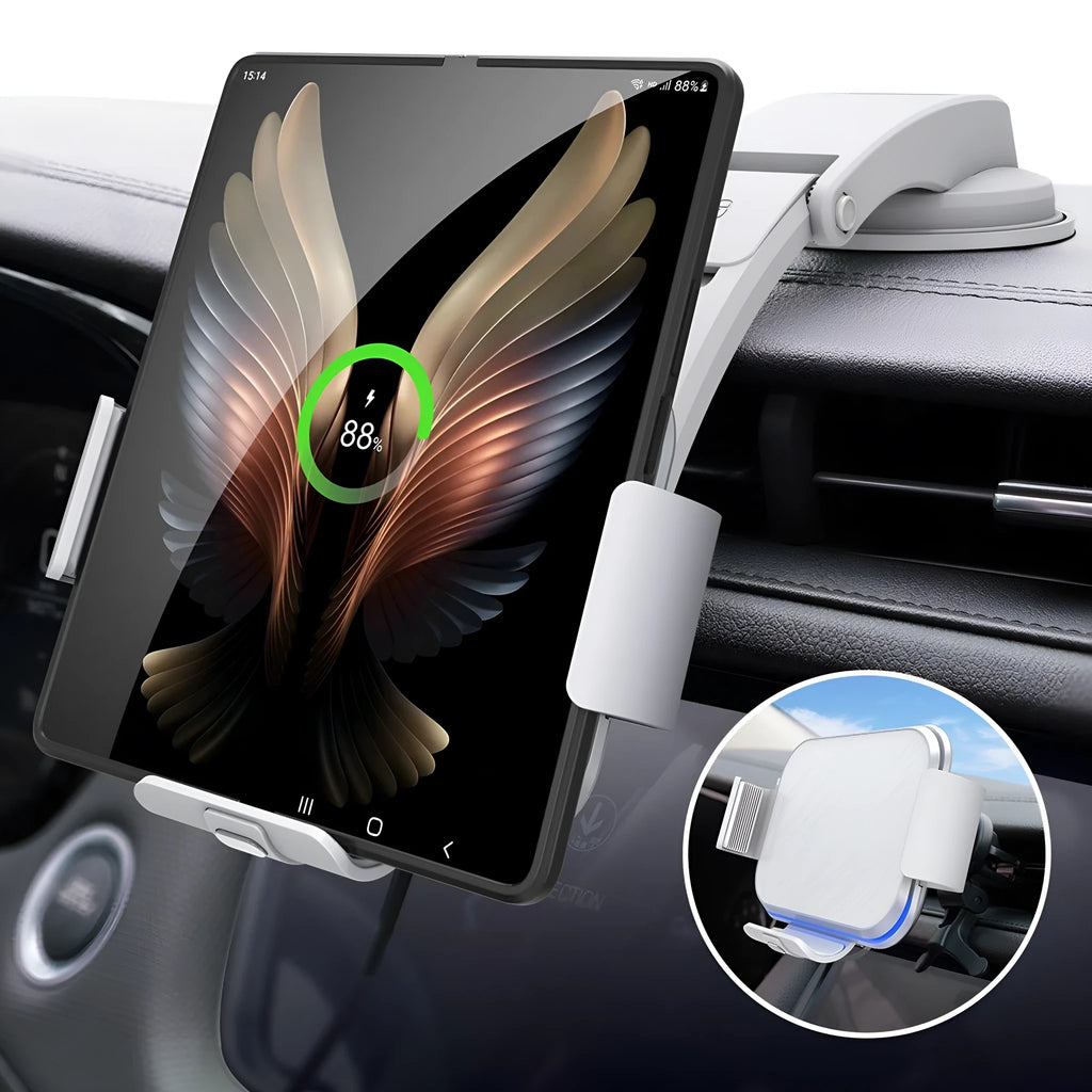 Grey wireless charging car phone holder with folding screen and multiple mounting accessories