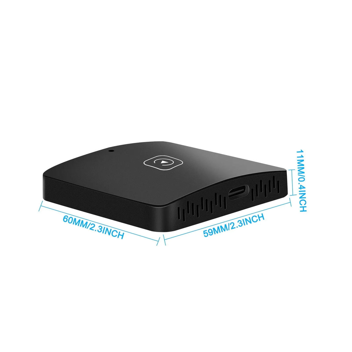 Black wireless CarPlay adapter module with cables for converting wired factory car systems to wireless smartphone integration