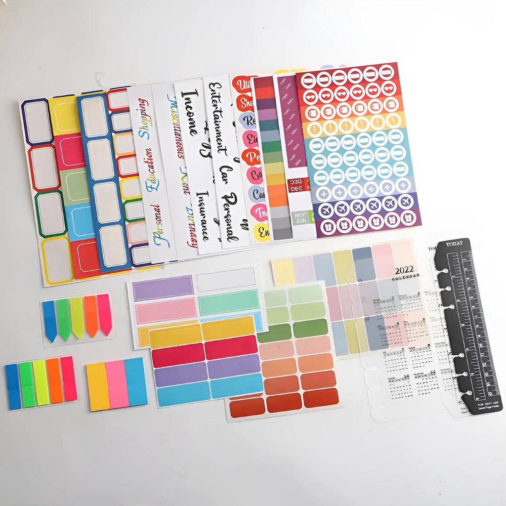 Assortment of handwritten label adhesive stickers showing A6 ruler, grid layouts, and coloured sticky notes.