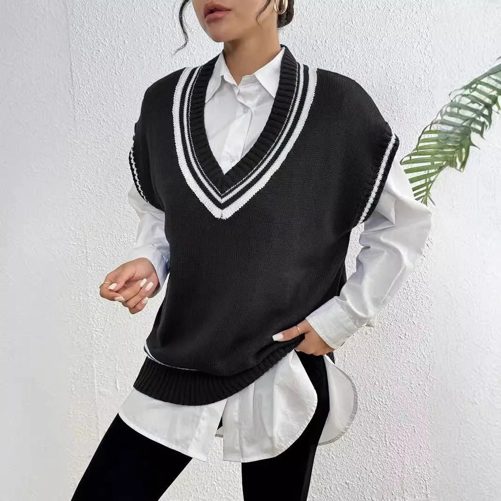 A loose-fit women's vest sweater in a college style, shown in a choice of colours.