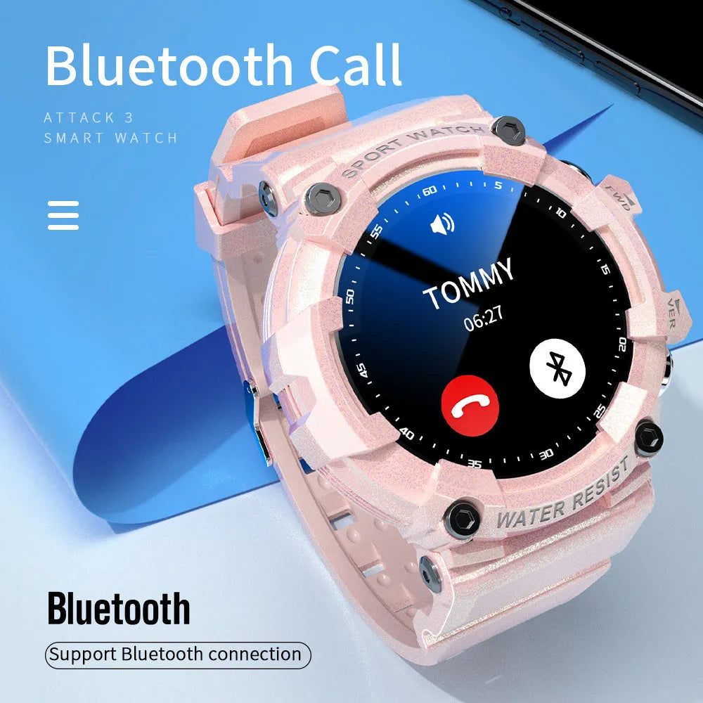 Black ATTACK 3 smart sports watch with round colour screen and TPU strap on a wrist.