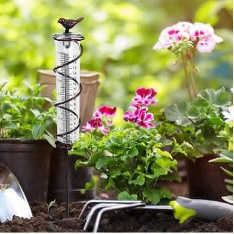 Cast iron hummingbird-shaped base holding glass rain measurement tube with 0-800ml scale