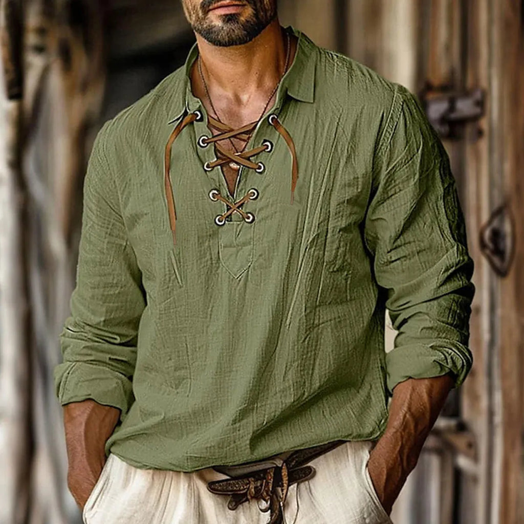 Men's plus size loose-fit linen shirt with lapel collar and lace detailing in solid colours