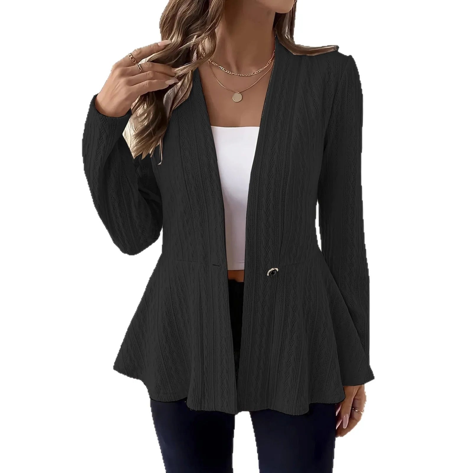 Women's apricot Jacquard knitted cardigan with single button front and regular long sleeves