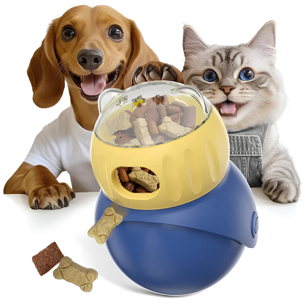 Morandi yellow and blue plastic owl cat food puzzle tumbler feeder toy