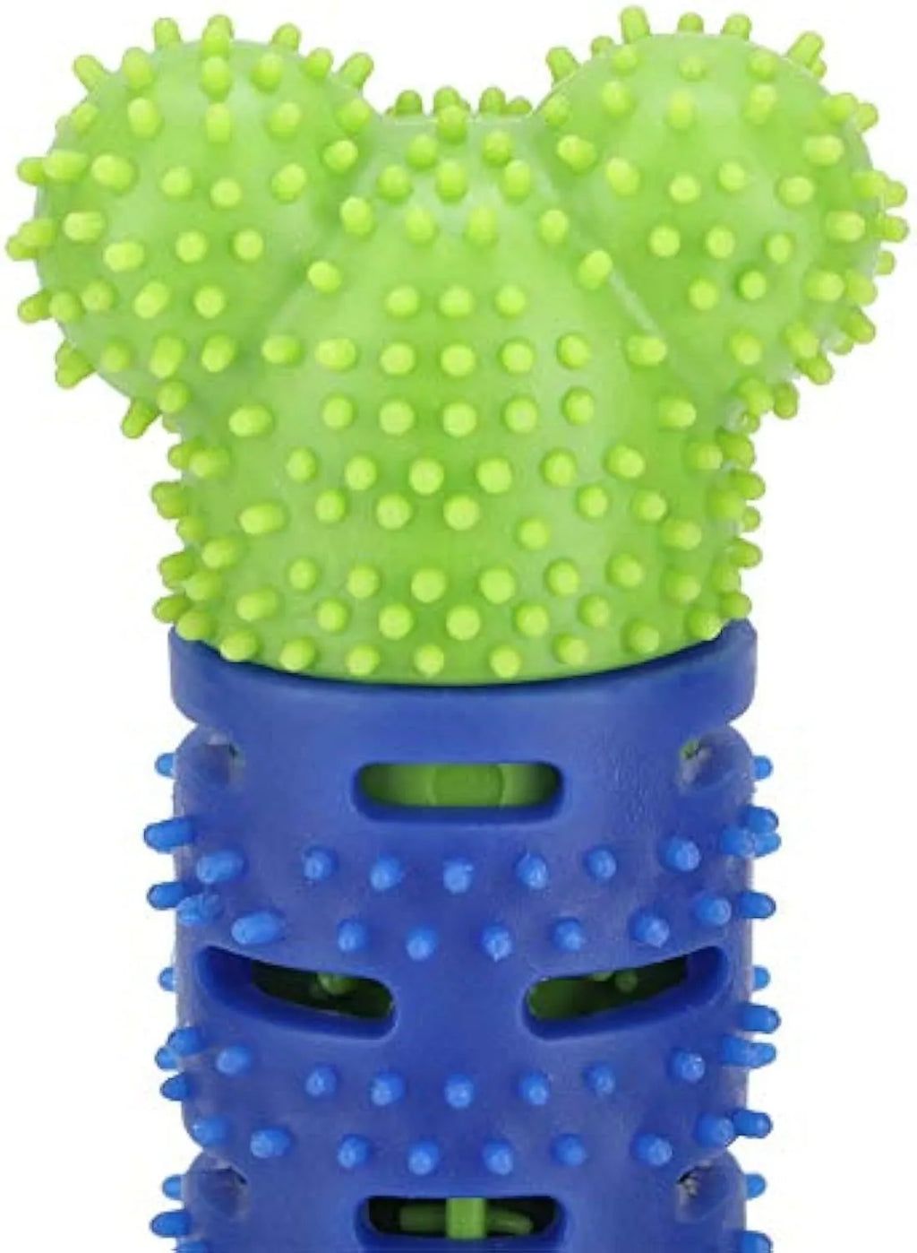 Blue-green silicone dog dental chew toy with serrated brush head and gum massage nodules