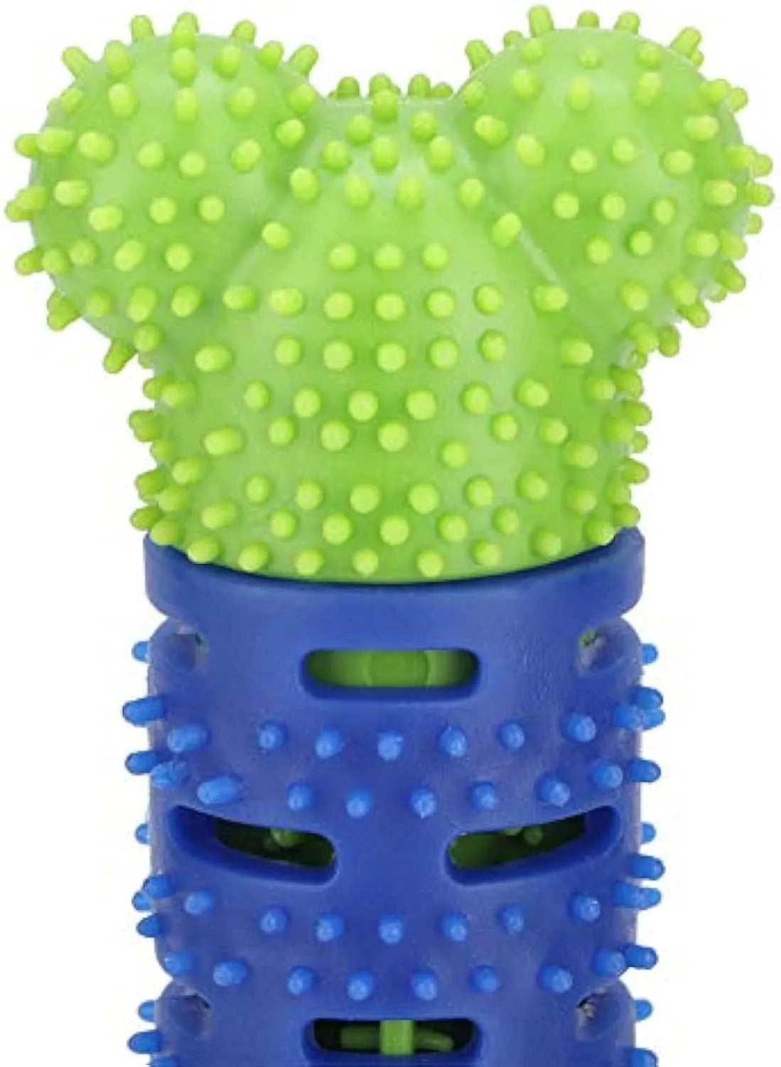 Blue-green silicone dog dental chew toy with serrated brush head and gum massage nodules