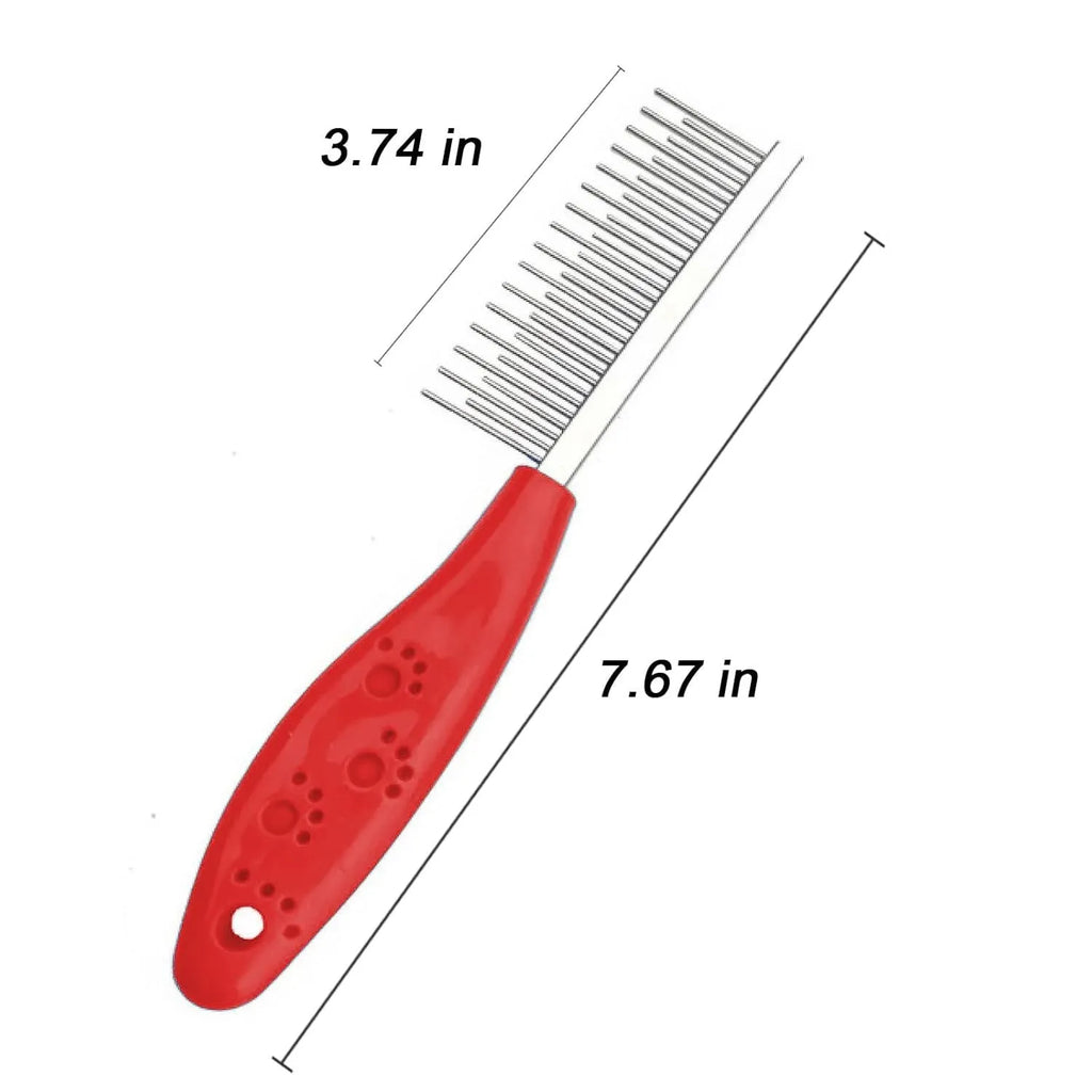 Red pet grooming comb with stainless steel dual-length teeth and plastic handle