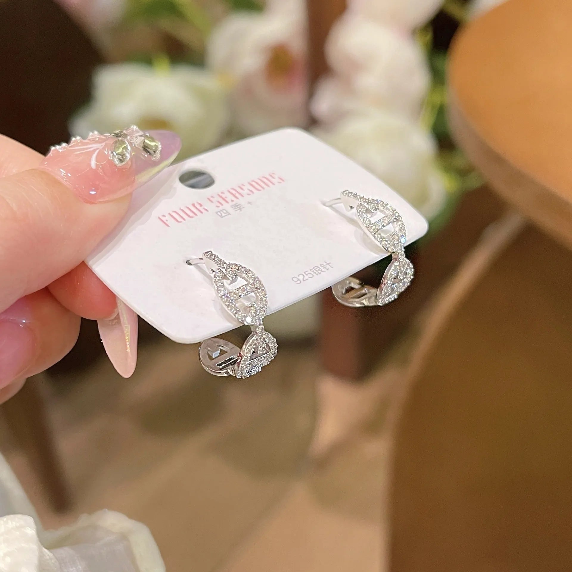 Women's casual diamond earrings with thick gold electroplated finish in silver, gold, and rose gold options.