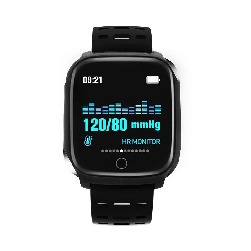 F16 smart watch with ECG monitoring on silicone wristband showing black colour options