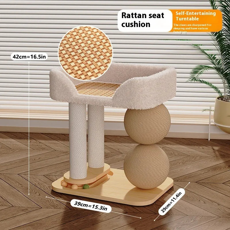 Pine wood cat nest with a central grasping ball for scratching, shown in a simple style.