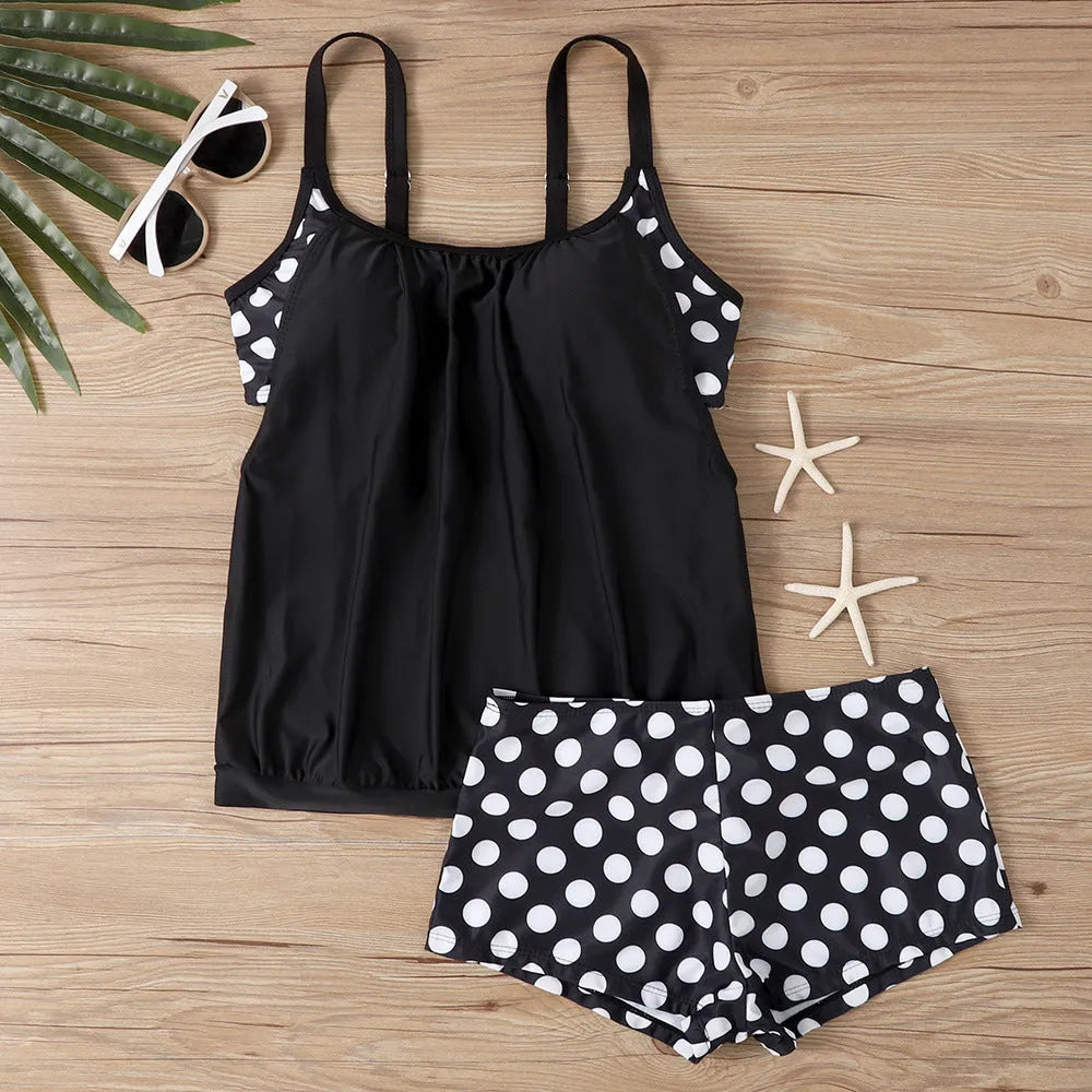 Women's high-waisted boxer brief swimsuit with polka dot print in polyester fabric