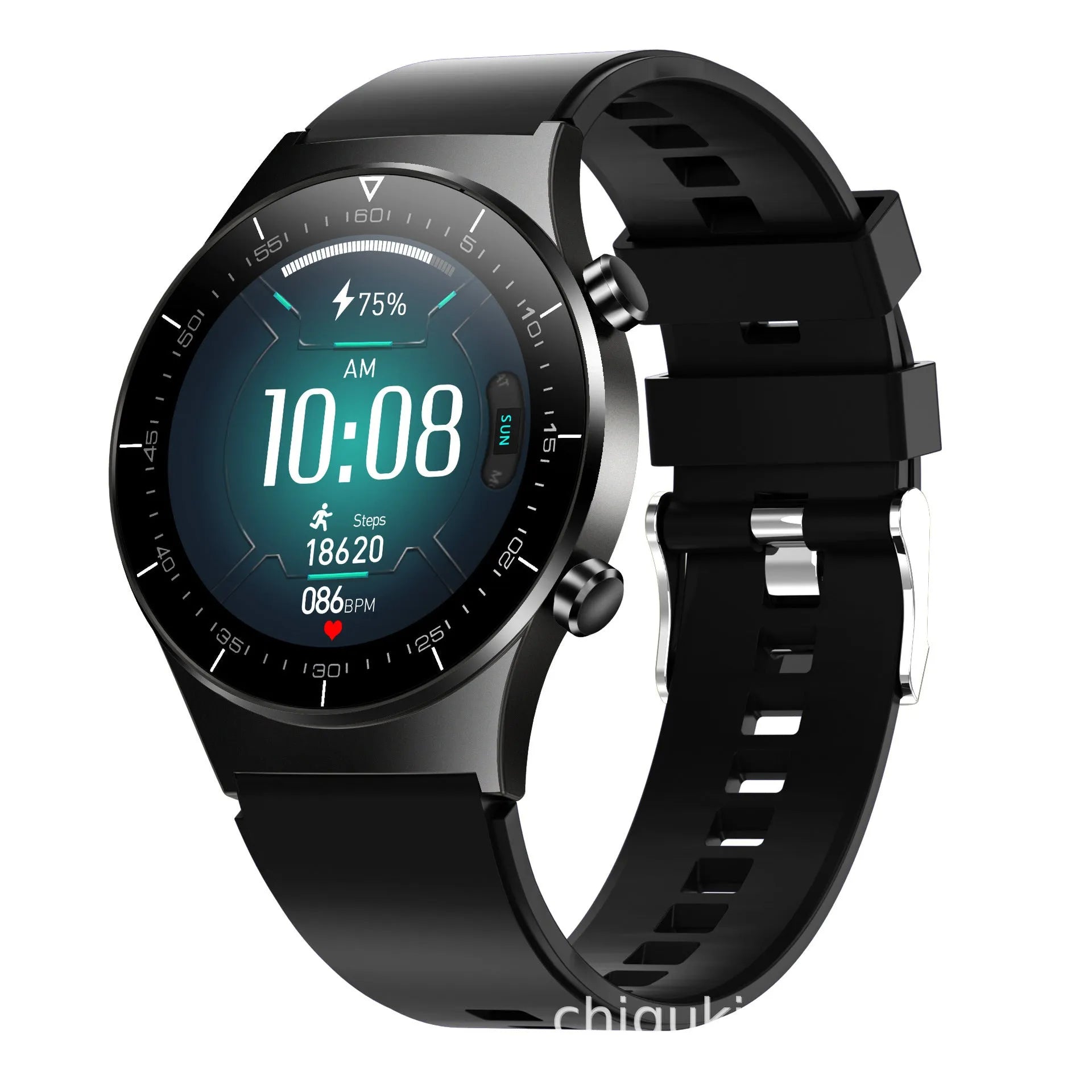 Black smart watch with 1.28 inch screen and TPU sports bracelet for health monitoring.
