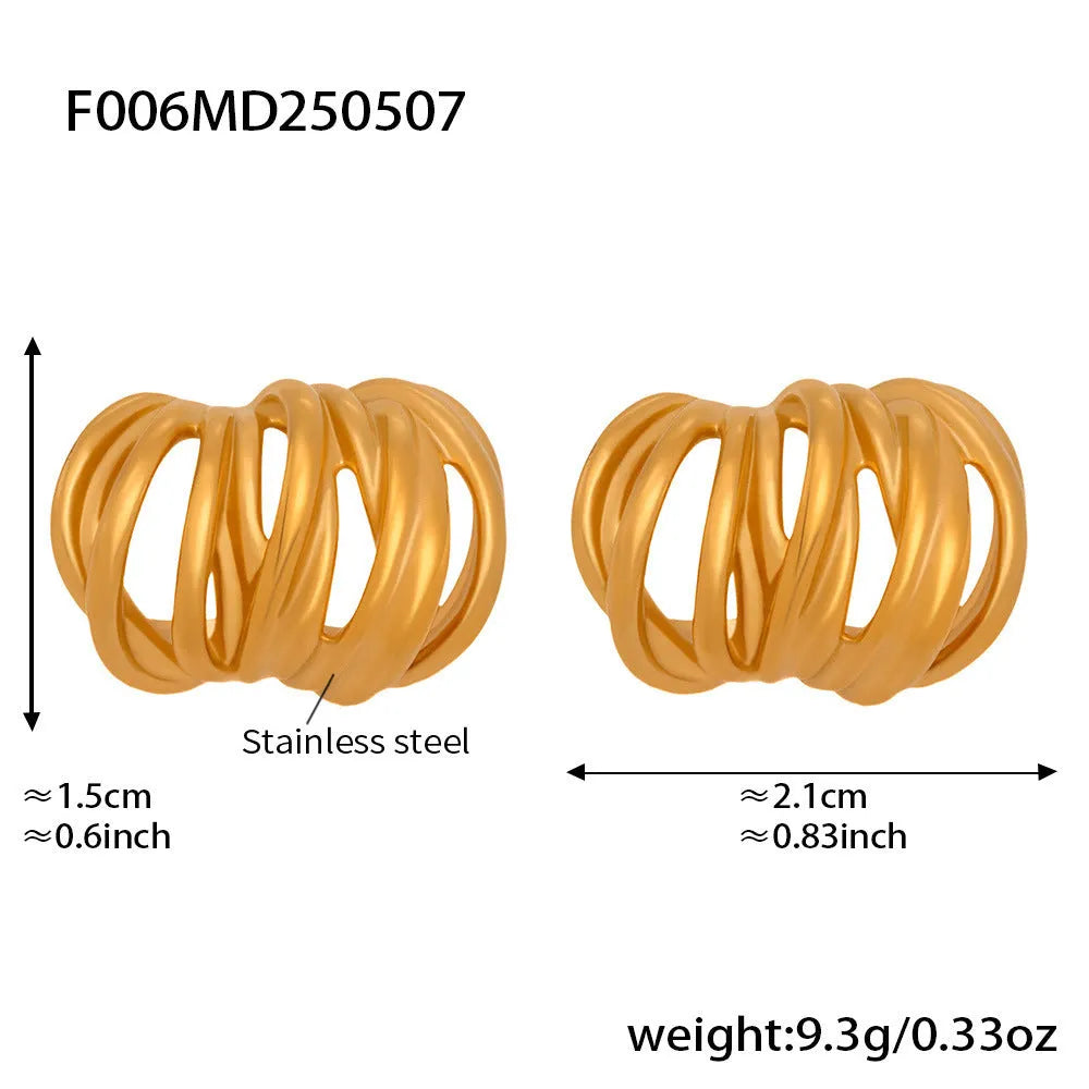 Heavy Industry Casting C-type ear studs multi-layer lines stainless steel geometric pumpkin shape electroplated gold finish