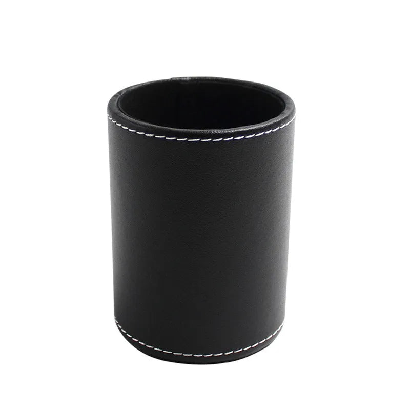 Black leather round pen holder container showing 8.0cm diameter and 10.8cm height dimensions