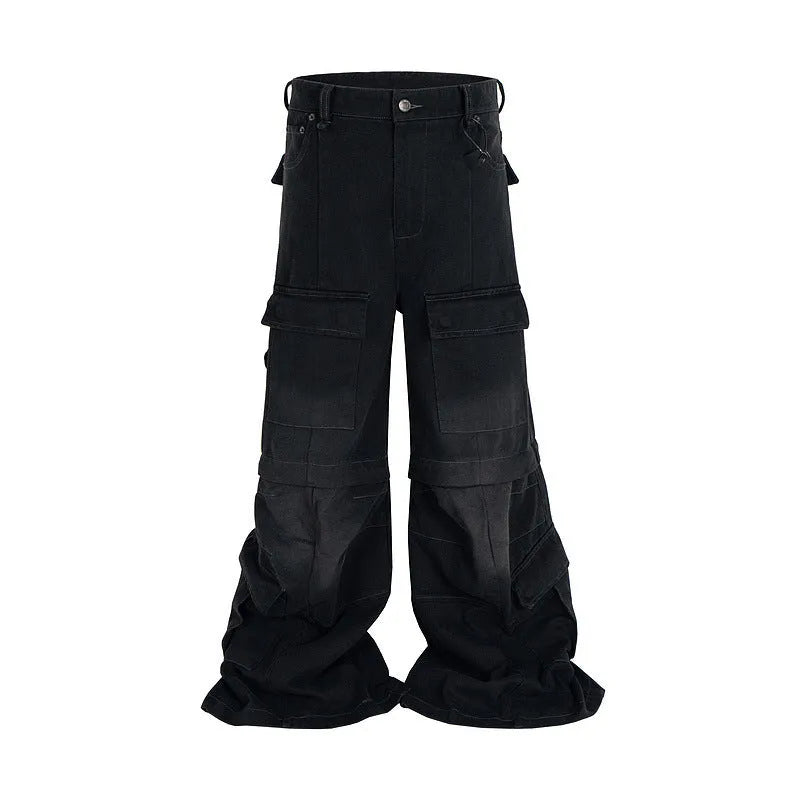 Detachable washed-out cotton overalls with multiple pockets and zip fly in black or blue colours