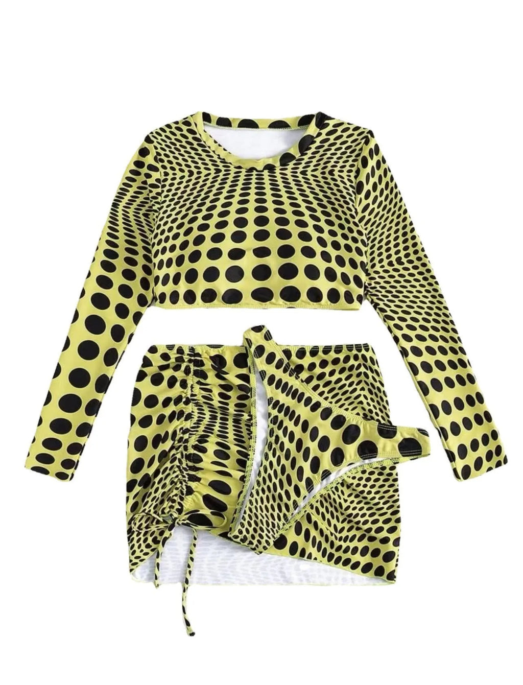 Women's green or yellow polka dot polyester swimsuit three-piece set with swim top, skirt, and bra