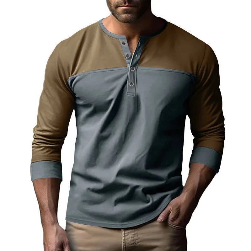 Men's solid colour Henry collar long sleeve casual shirt in beaded twill fabric