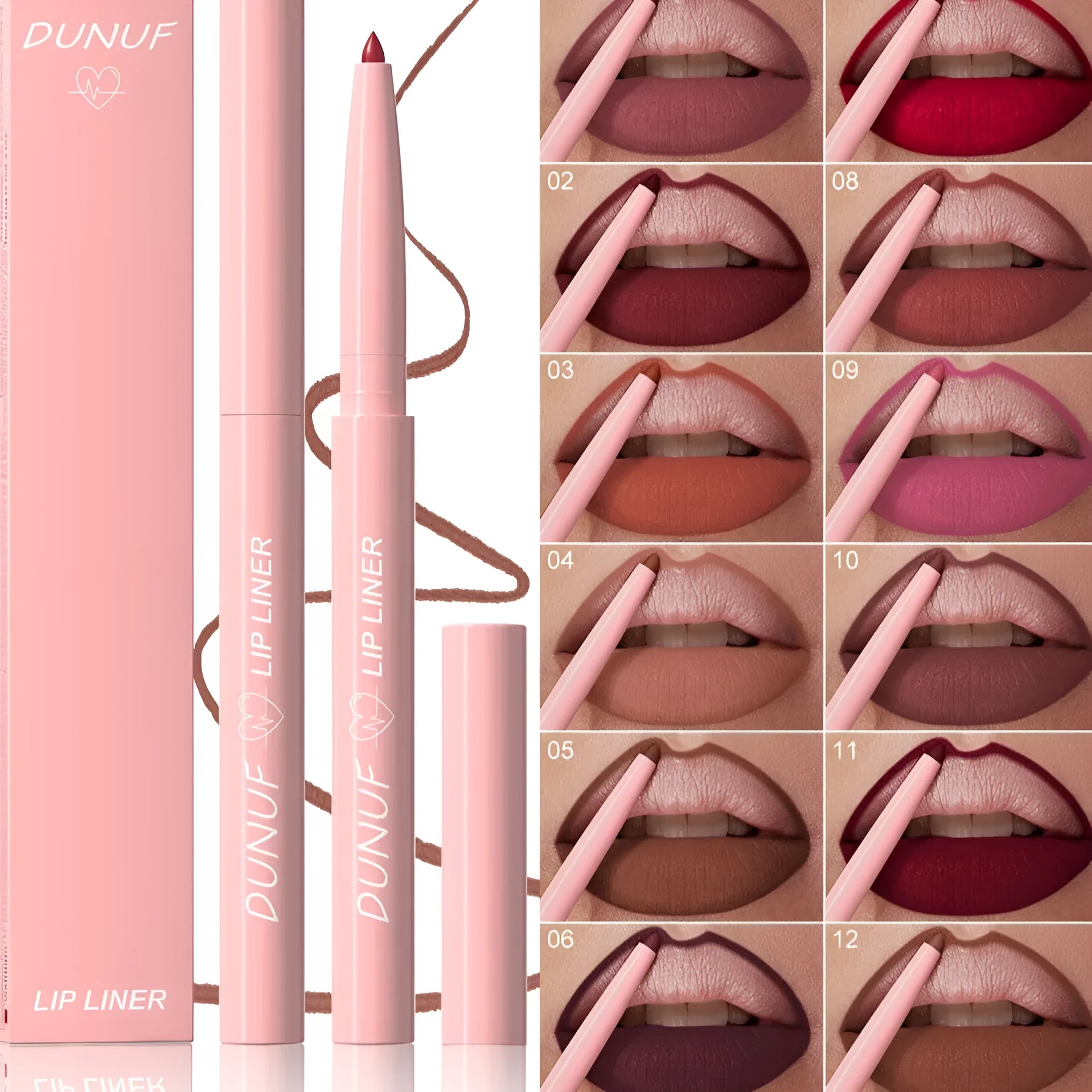 Velvet matte lip liner pencil shown in one of 12 available numbered shades.