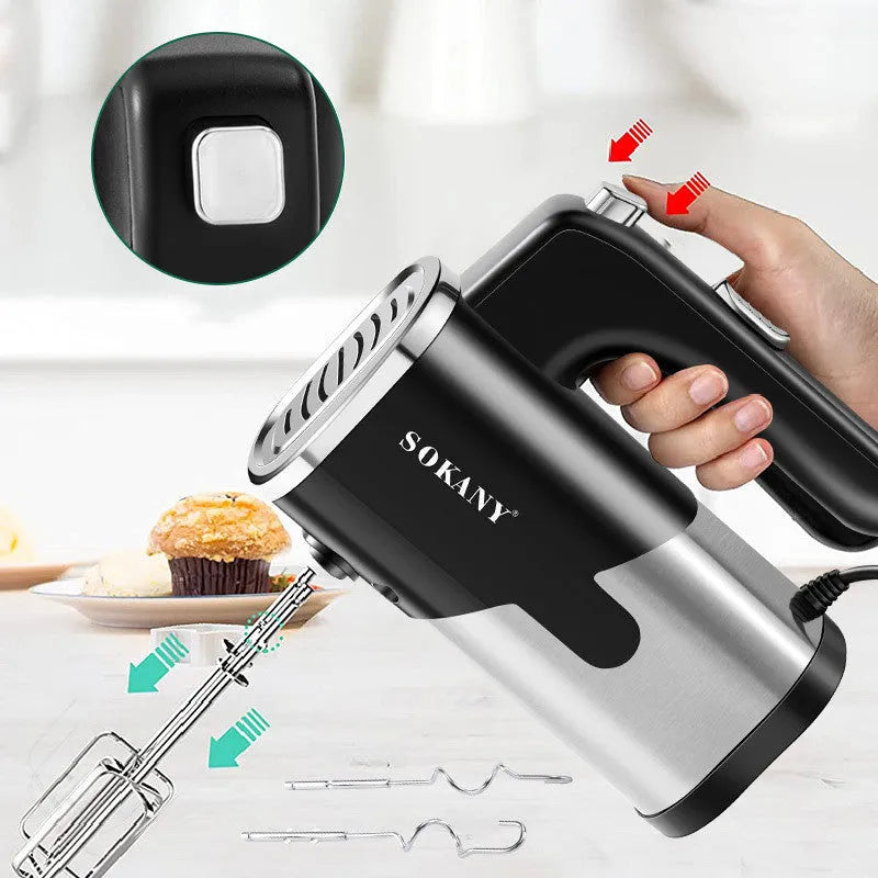 800W handheld electric whisk with five speed settings, ABS plastic body and stainless steel attachments, black colour option