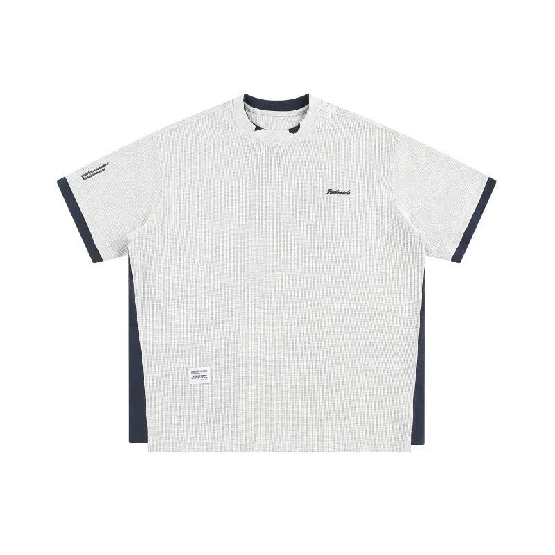 Retro alphabet embroidered loose waffle short-sleeved T-shirt in polyester fibre
