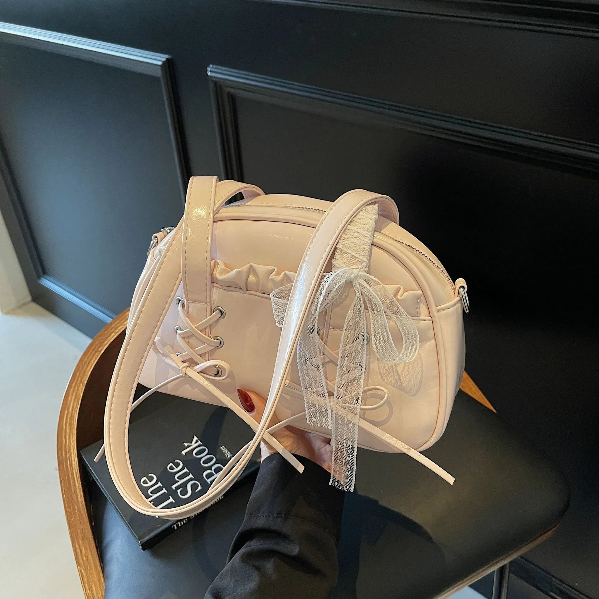 Women's PU leather bandage bow handbag shoulder bag with phone pouch in milky white colour