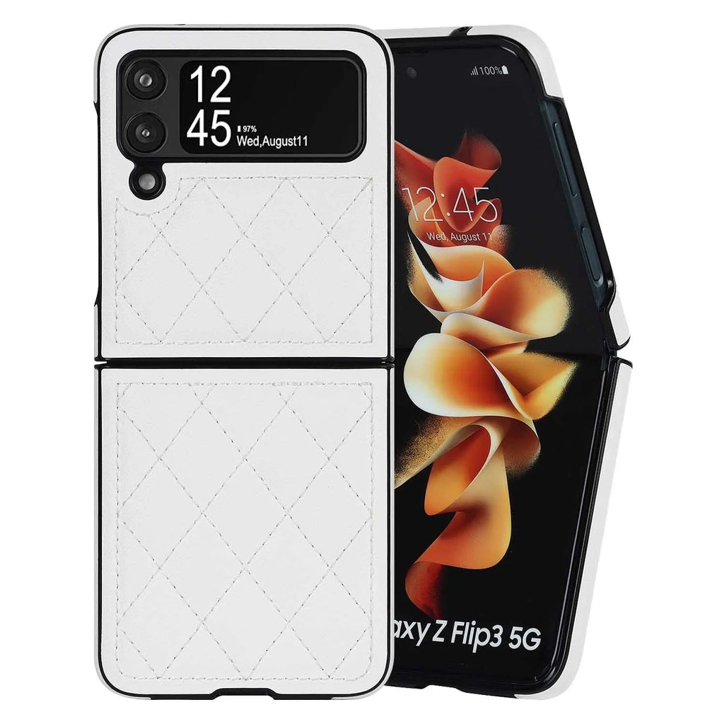 Foldable screen textured lambskin plaid phone case in black for Samsung Z Flip 3 5G and Z Flip 4 with anti-fall protection