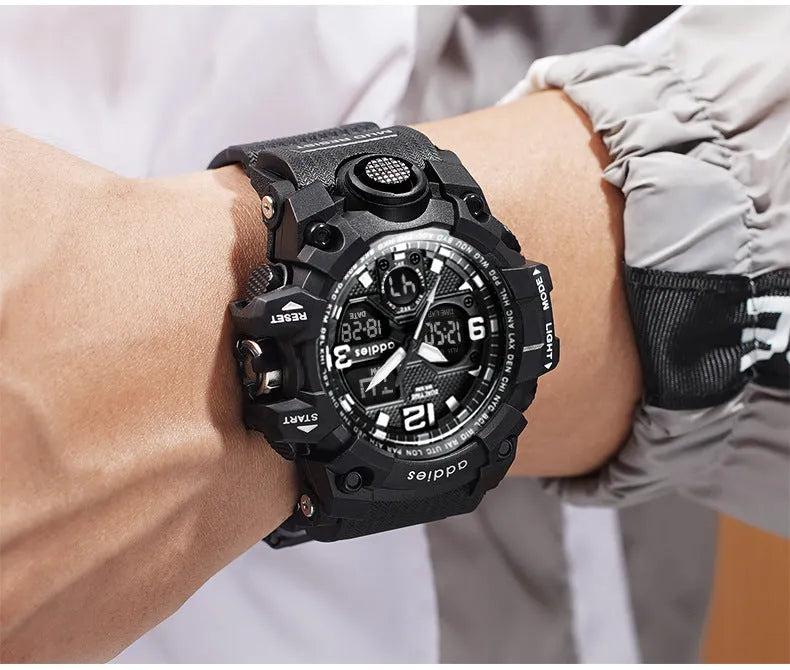 Men's electronic sports watch with dual display showing both pointers and digital readout on round black dial