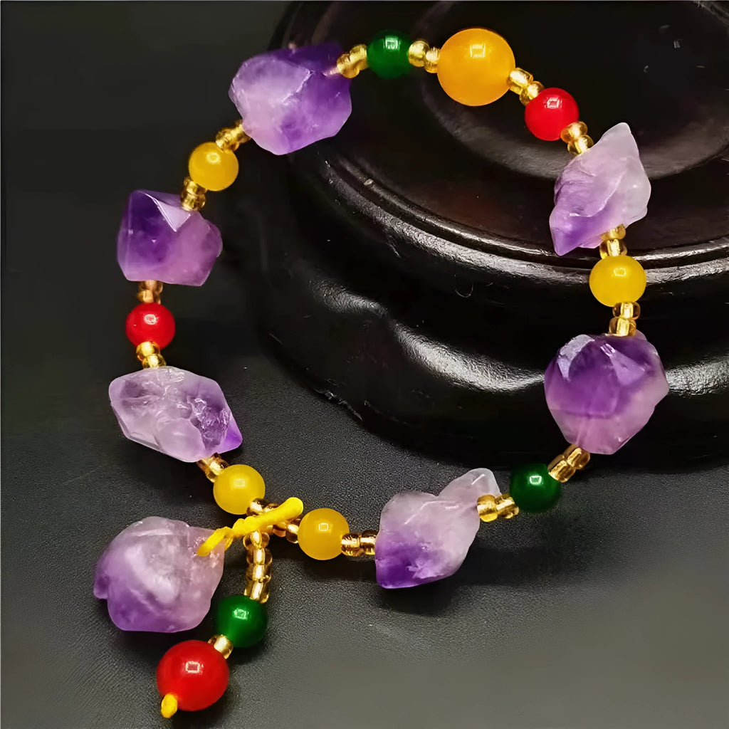 Women's natural shaped amethyst bead bracelet with fu character charm jewellery