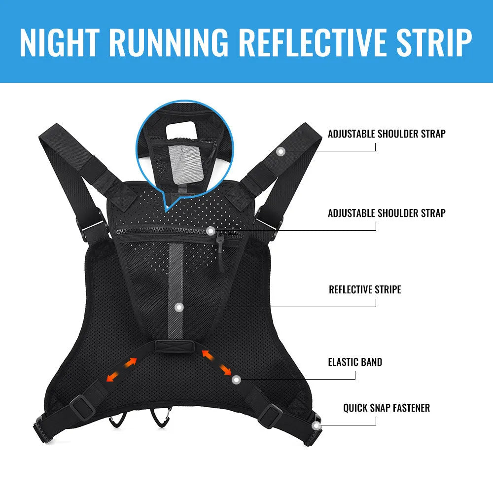 Oxford cloth outdoor sports chest bag in black colour with sewing line detailing and breathable vest design