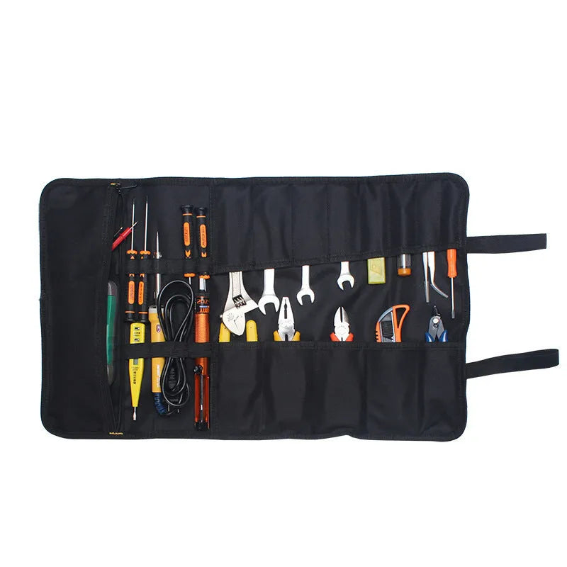 Thickened electrician bag in brown Oxford cloth, 58.5x35.5cm, folded with tools inside