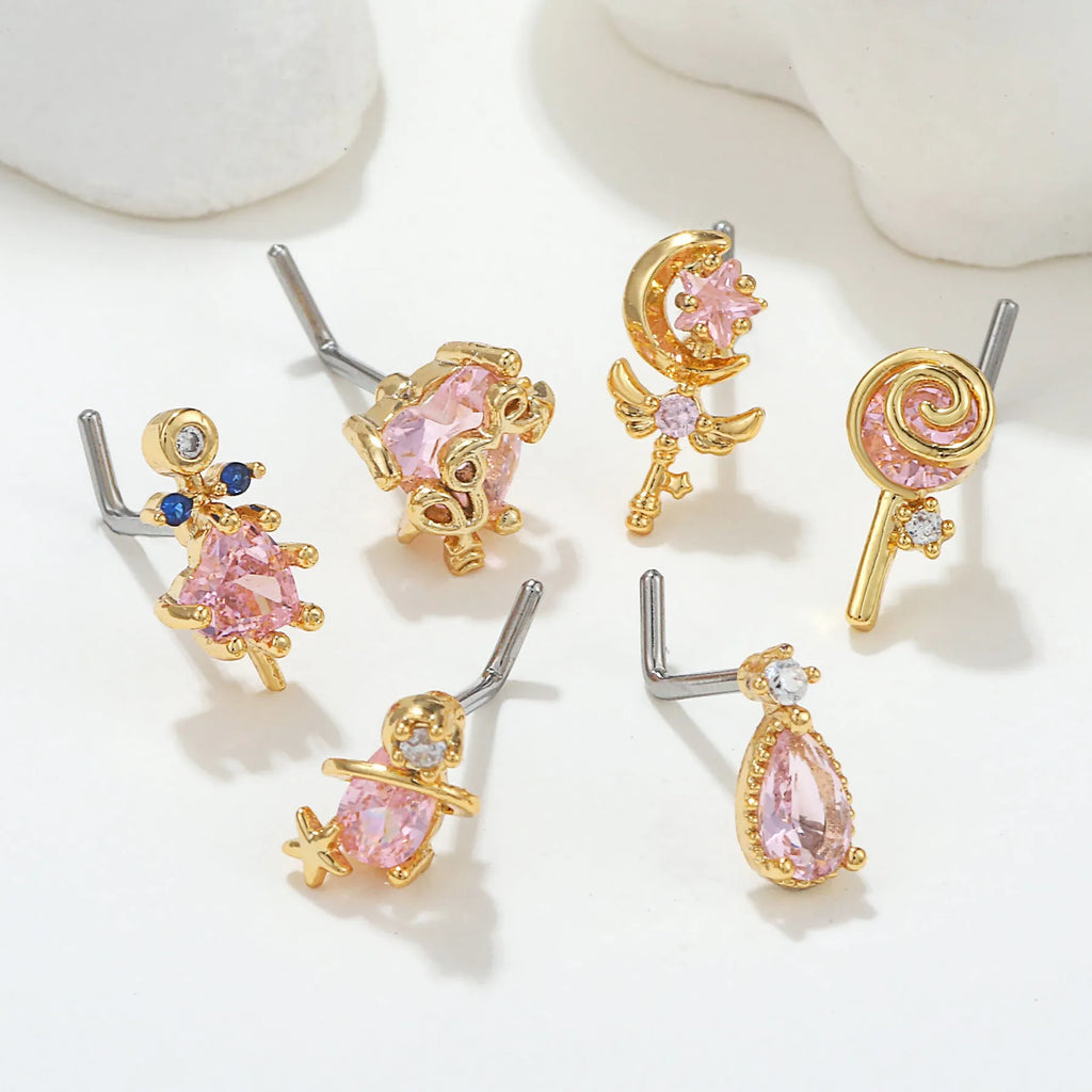 Geometric zircon nose stud in gold or white K tone with brass base and 18K plating