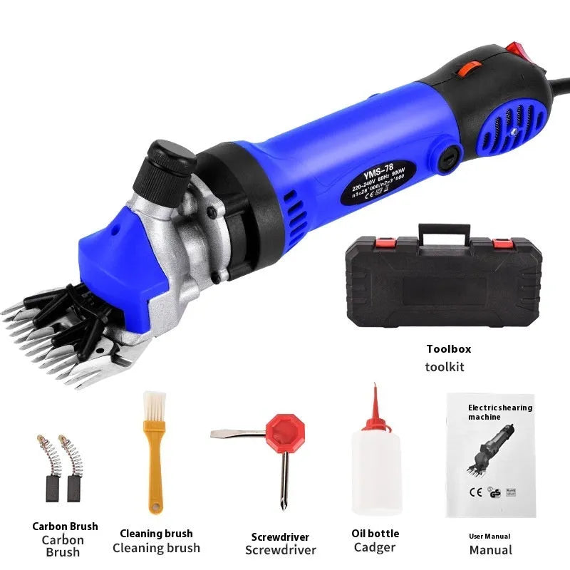Yellow electric wool shearing machine with blades and tools in a plastic storage case