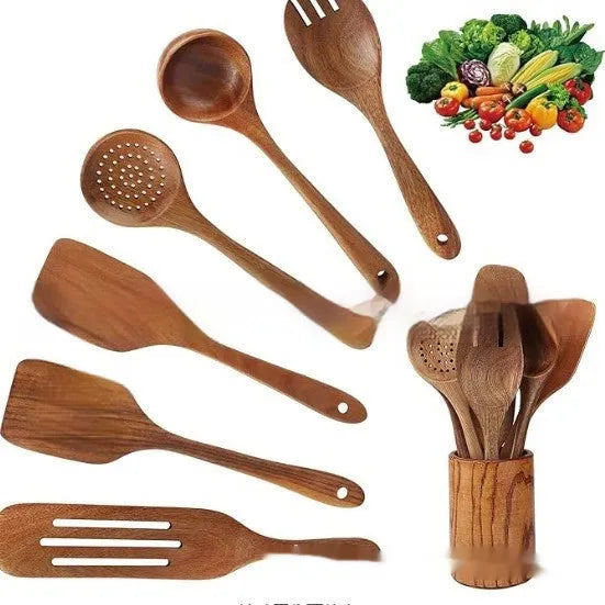 7-piece wooden kitchen utensil set with spoons and spatulas in natural wood material