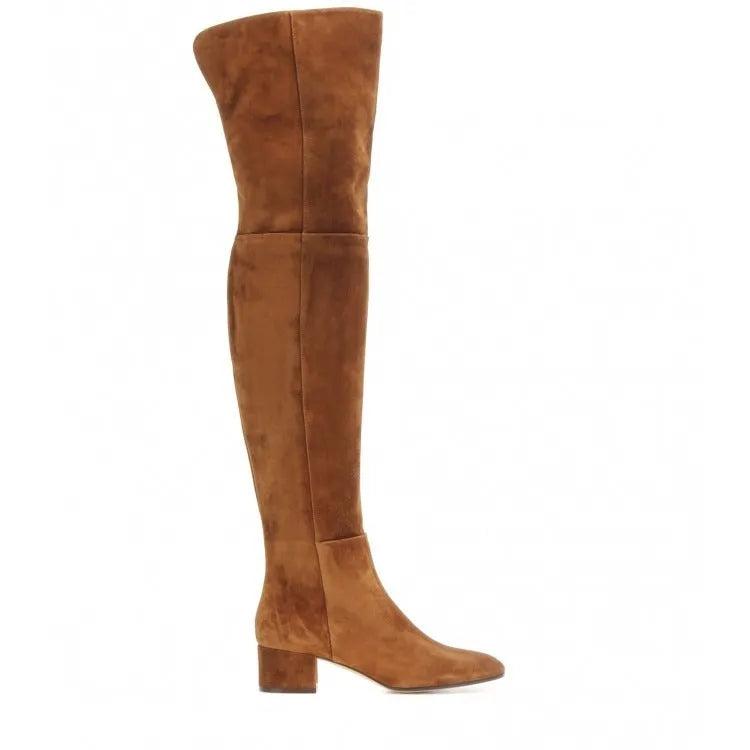 Grey women's suede over-the-knee flat boots with a pointed toe and low thick heel.