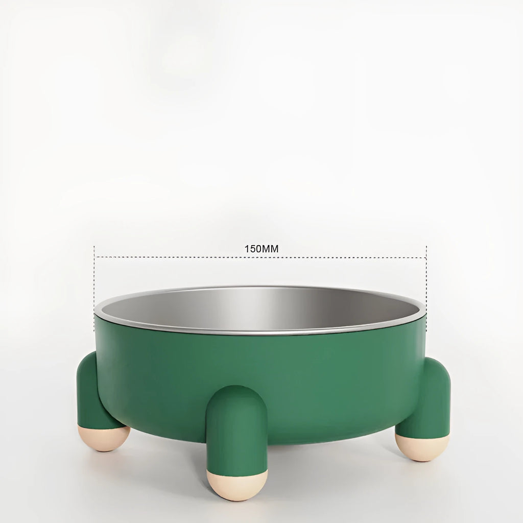Stainless steel pet bowl with non-slip base and high foot in green, pink, and white colour options