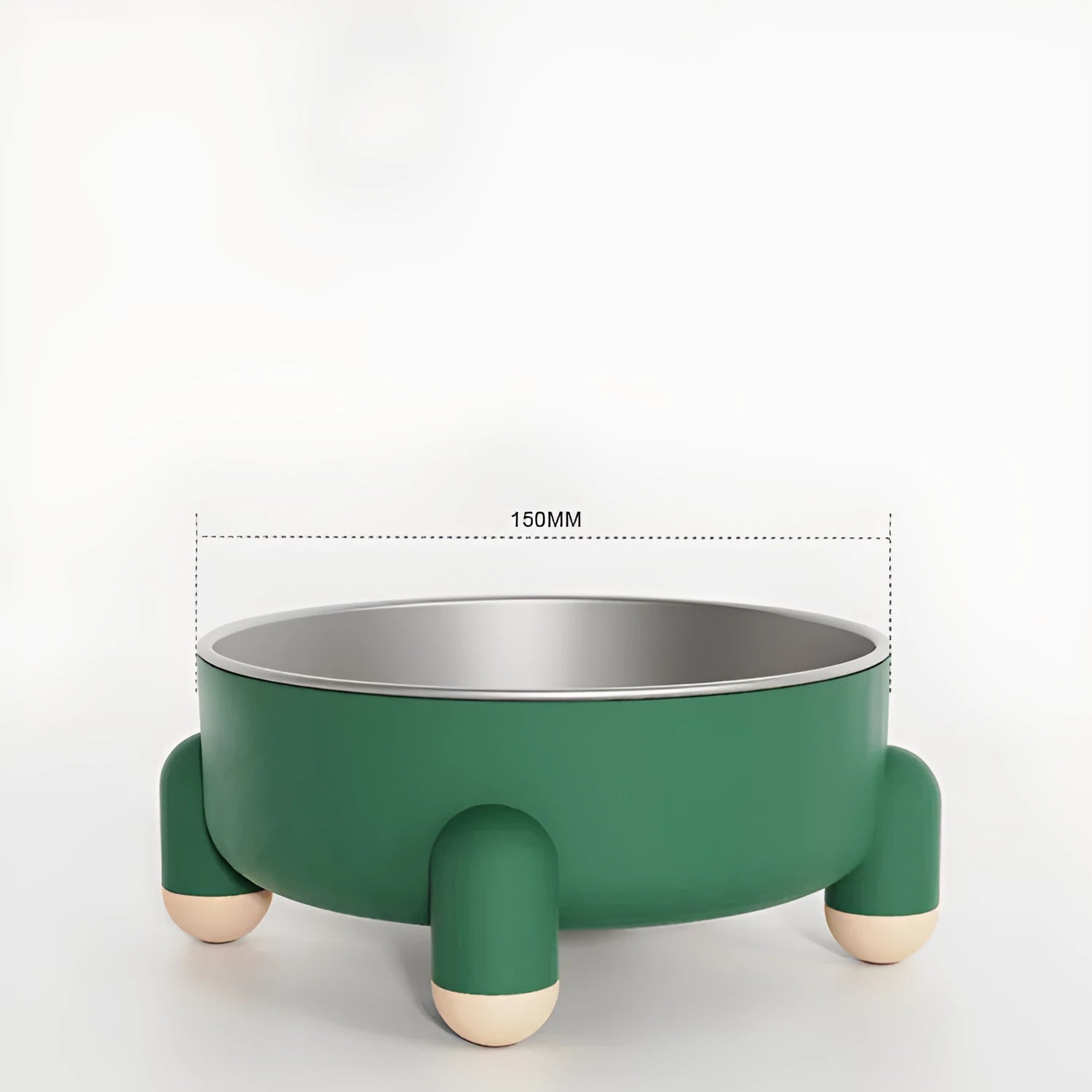 Stainless steel pet bowl with non-slip base and high foot in green, pink, and white colour options