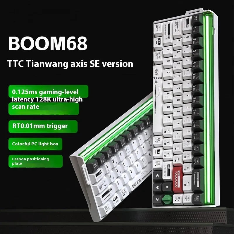 BOOM68 compact mechanical gaming keyboard with RGB lights on a desk